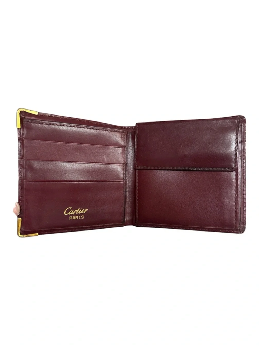 Cartier‎ Burgundy Leather Bifold Wallet with Gold Corners